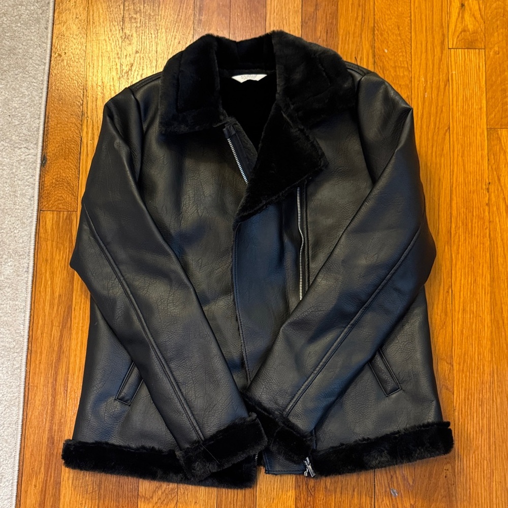 Primark Black Leather Jacket with Black Fur Lining